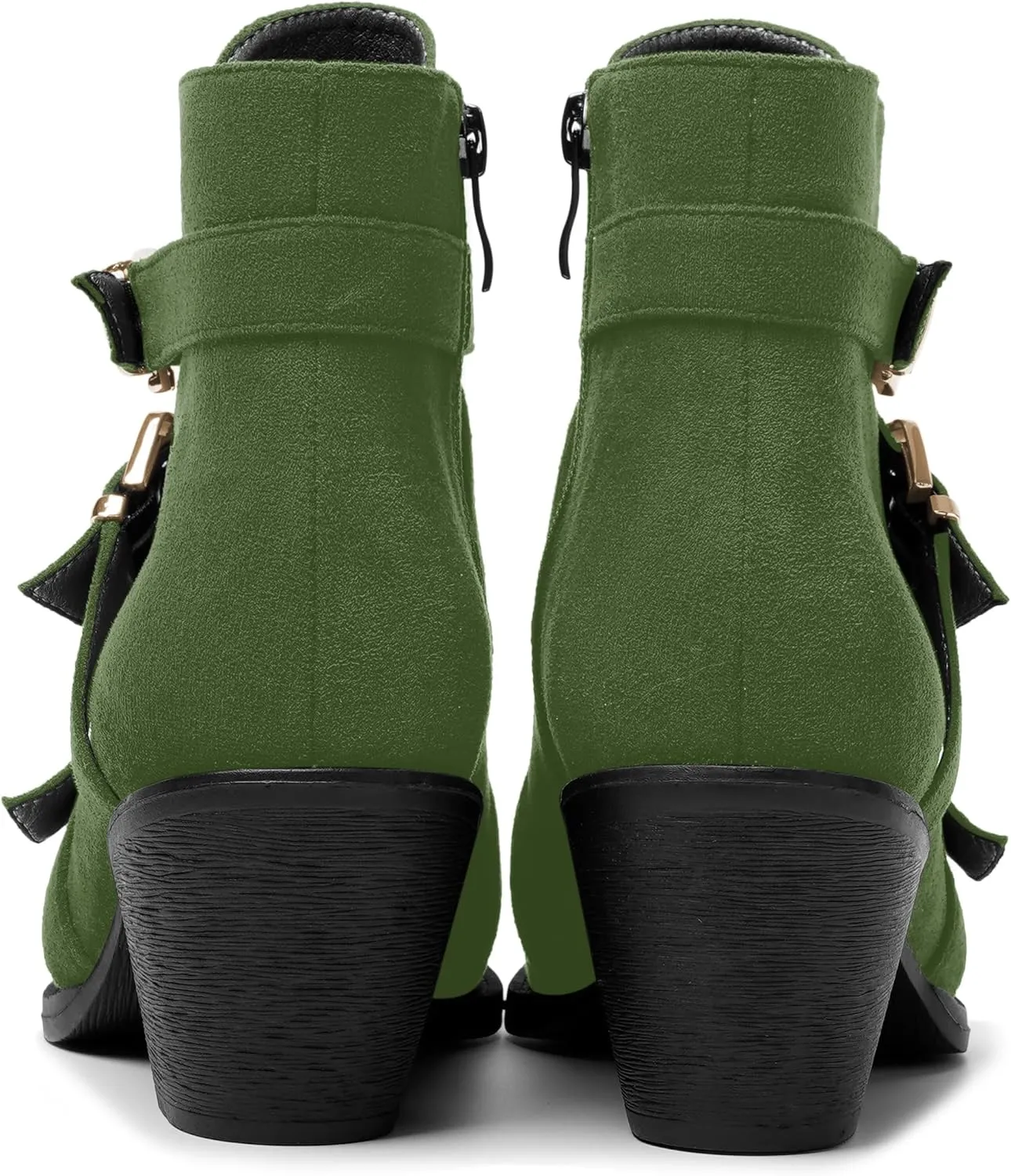 AMBELIGHT Womens School Bukcle Zip Suede Fashion Pointed Toe Chunky Low Heel Ankle High Boots 2.5 Inch