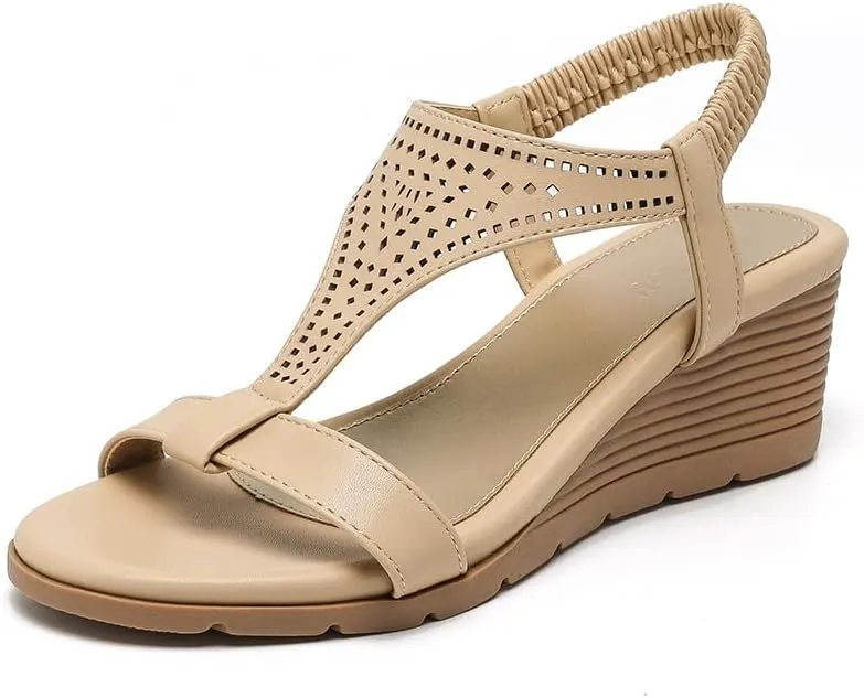 Amoji Women's Wedge Heels Sandals Comfortable Dressy Summer Shoes Elastic Strap 603
