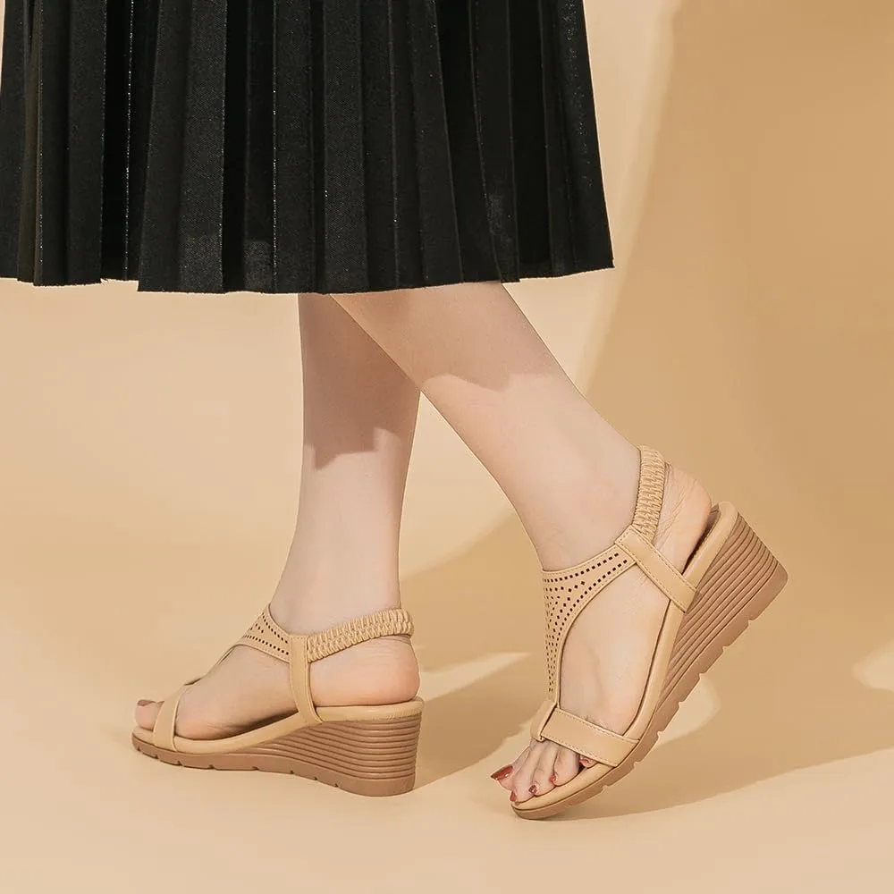 Amoji Women's Wedge Heels Sandals Comfortable Dressy Summer Shoes Elastic Strap 603