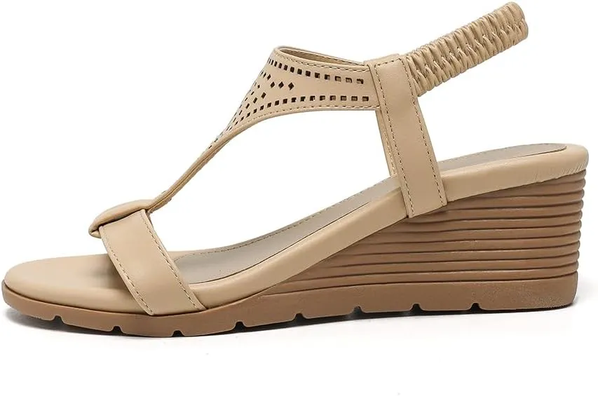Amoji Women's Wedge Heels Sandals Comfortable Dressy Summer Shoes Elastic Strap 603