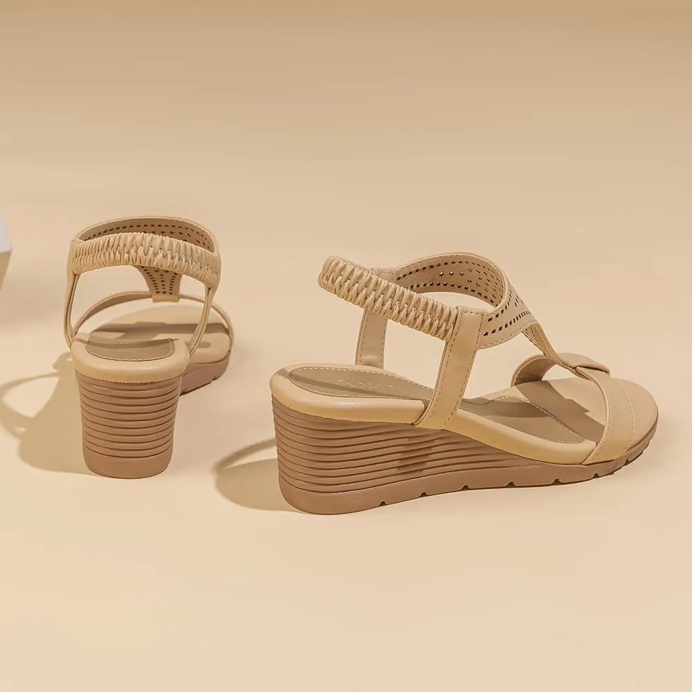 Amoji Women's Wedge Heels Sandals Comfortable Dressy Summer Shoes Elastic Strap 603