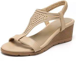 Amoji Women's Wedge Heels Sandals Comfortable Dressy Summer Shoes Elastic Strap 603