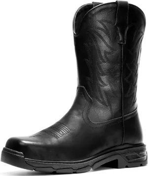 ANGRYRAM Steel Toe Work Boots for Men Waterproof Puncture Resistant Construction Safety Shoes Men's Slip on Square Toe Cowboy Boots