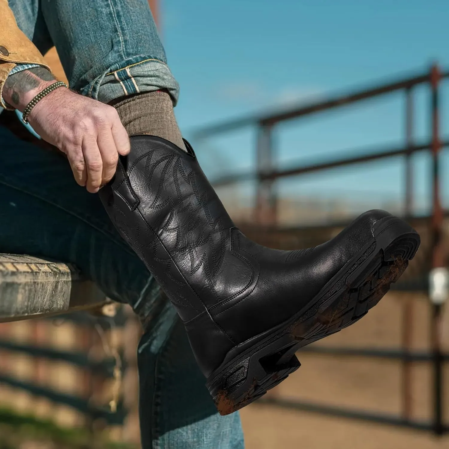 ANGRYRAM Steel Toe Work Boots for Men Waterproof Puncture Resistant Construction Safety Shoes Men's Slip on Square Toe Cowboy Boots