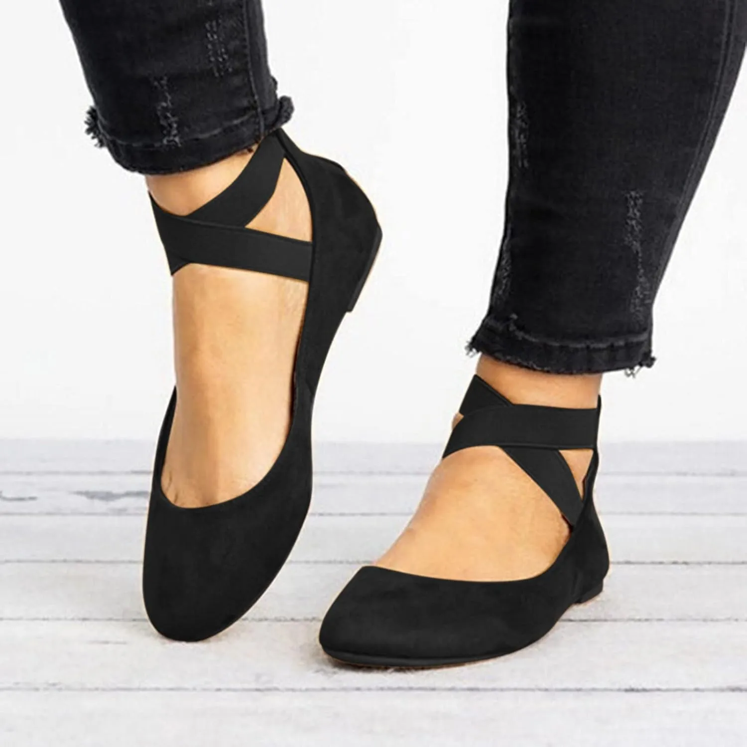 Aniywn Women's Criss Cross Strap Ballet Flat Shoes Elastic Ankle Strap Slip On Flats Shoes Casual Non Slip Walking Shoes