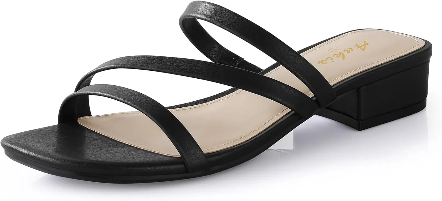 Ankis Black Nude White Strappy Heels Women 1 Inch Low Chunky Block Heel Heeled Sandals Square Open Toe Slip On Slides Mules