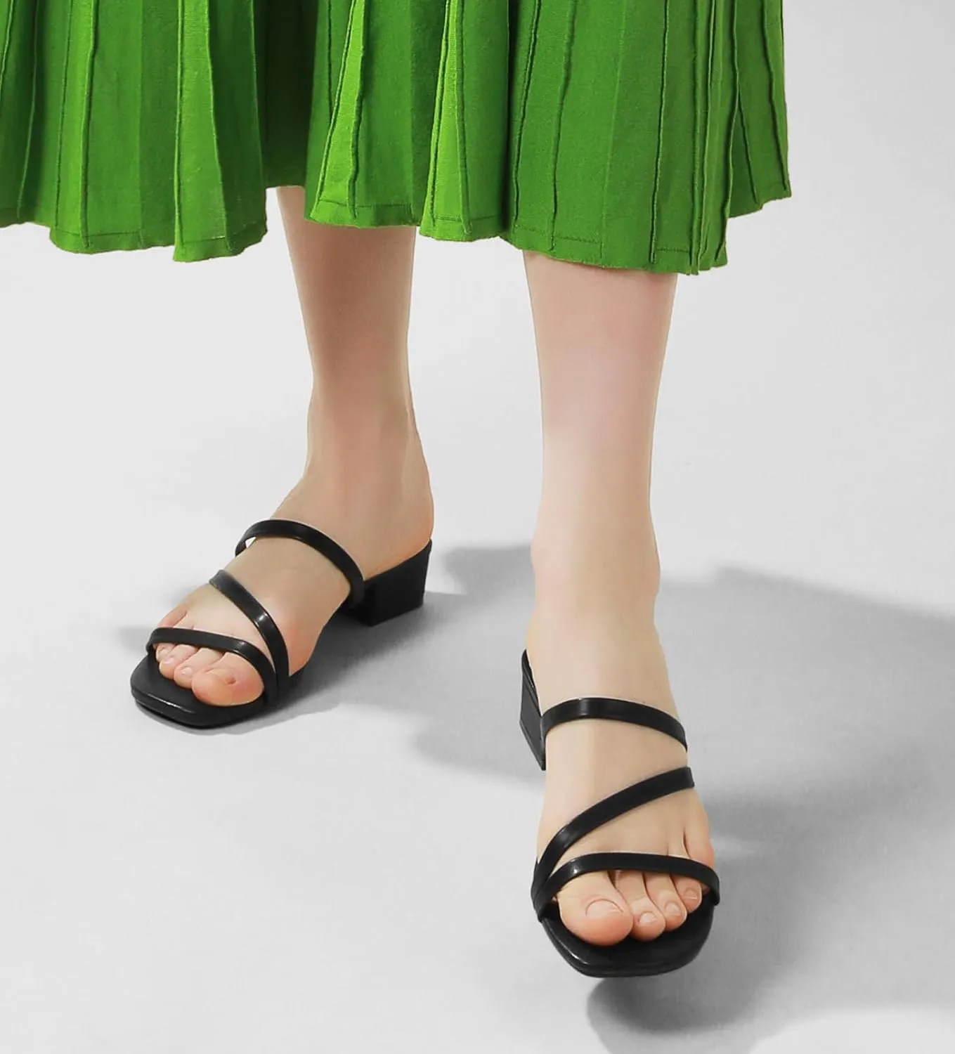 Ankis Black Nude White Strappy Heels Women 1 Inch Low Chunky Block Heel Heeled Sandals Square Open Toe Slip On Slides Mules