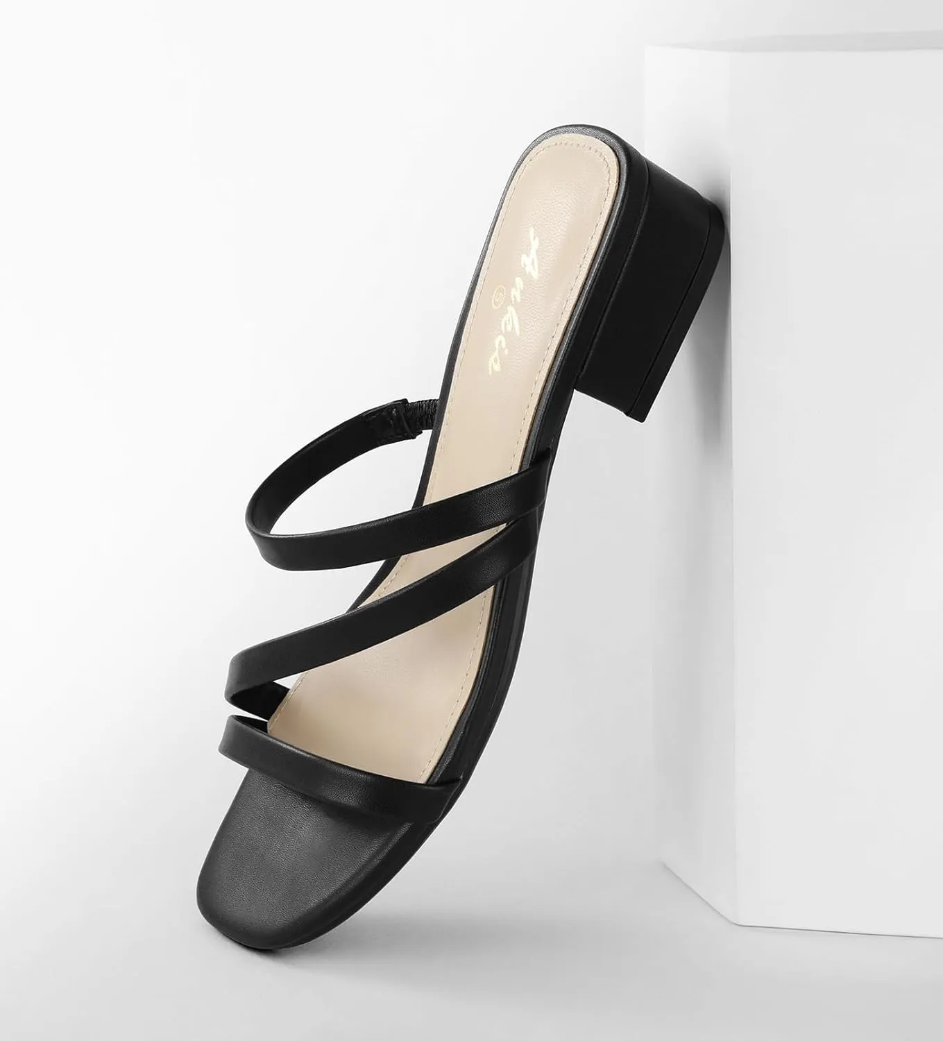 Ankis Black Nude White Strappy Heels Women 1 Inch Low Chunky Block Heel Heeled Sandals Square Open Toe Slip On Slides Mules