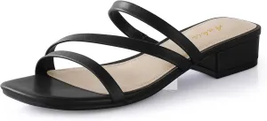 Ankis Black Nude White Strappy Heels Women 1 Inch Low Chunky Block Heel Heeled Sandals Square Open Toe Slip On Slides Mules