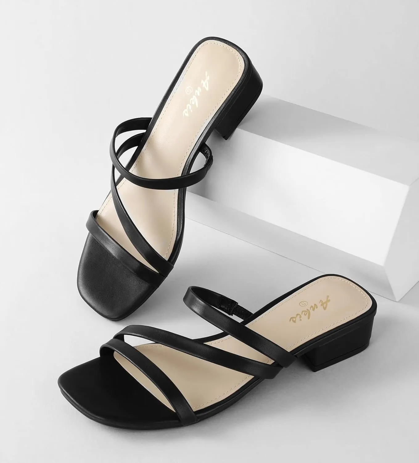 Ankis Black Nude White Strappy Heels Women 1 Inch Low Chunky Block Heel Heeled Sandals Square Open Toe Slip On Slides Mules
