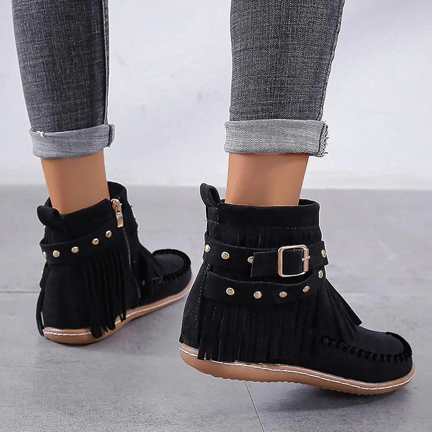 Ankle Boots for Women Classic Suede Fringe Boots with Zipper Fashion Round Toe Flats Booties Pull On Short Boots
