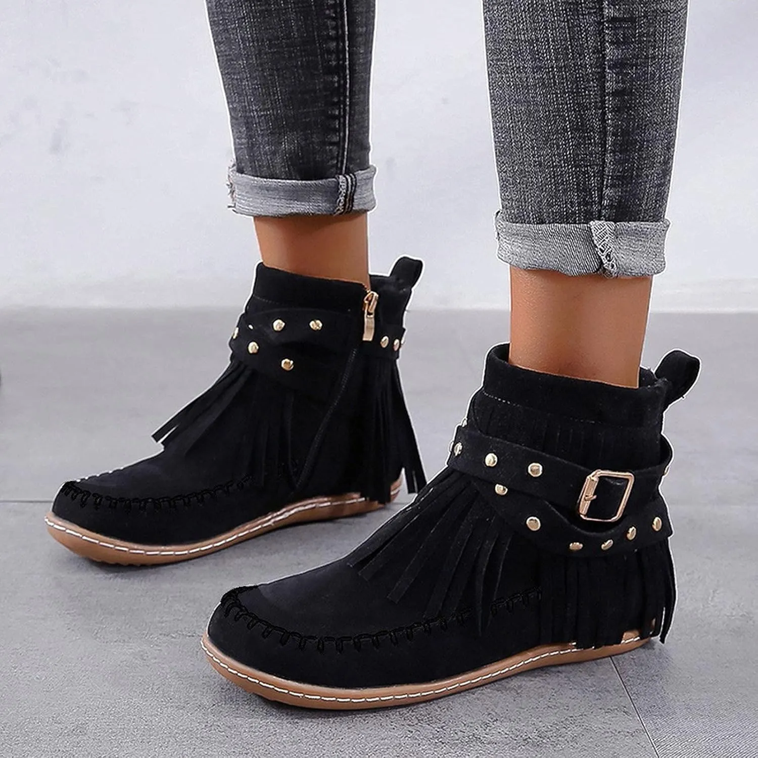 Ankle Boots for Women Classic Suede Fringe Boots with Zipper Fashion Round Toe Flats Booties Pull On Short Boots