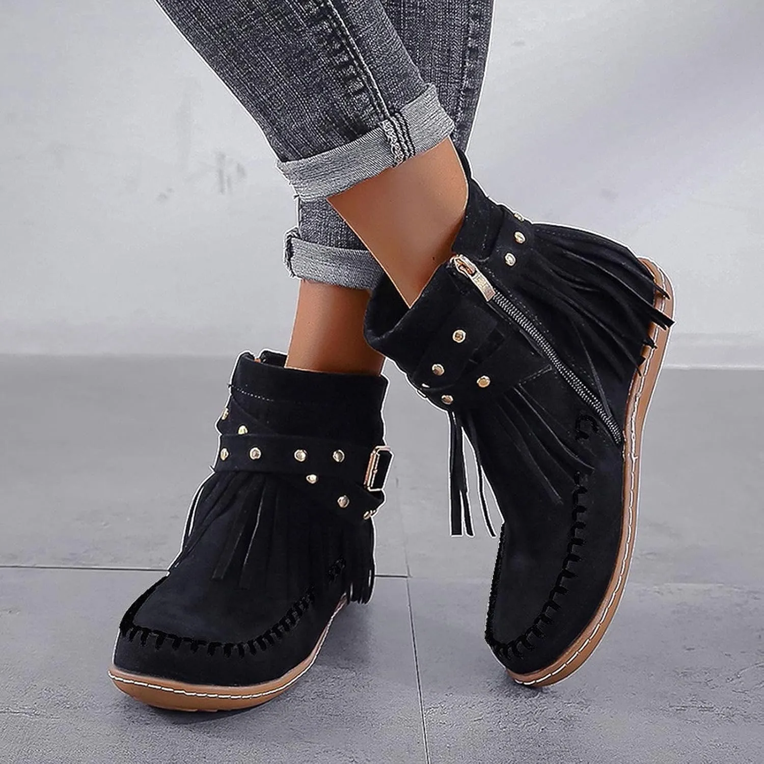 Ankle Boots for Women Classic Suede Fringe Boots with Zipper Fashion Round Toe Flats Booties Pull On Short Boots