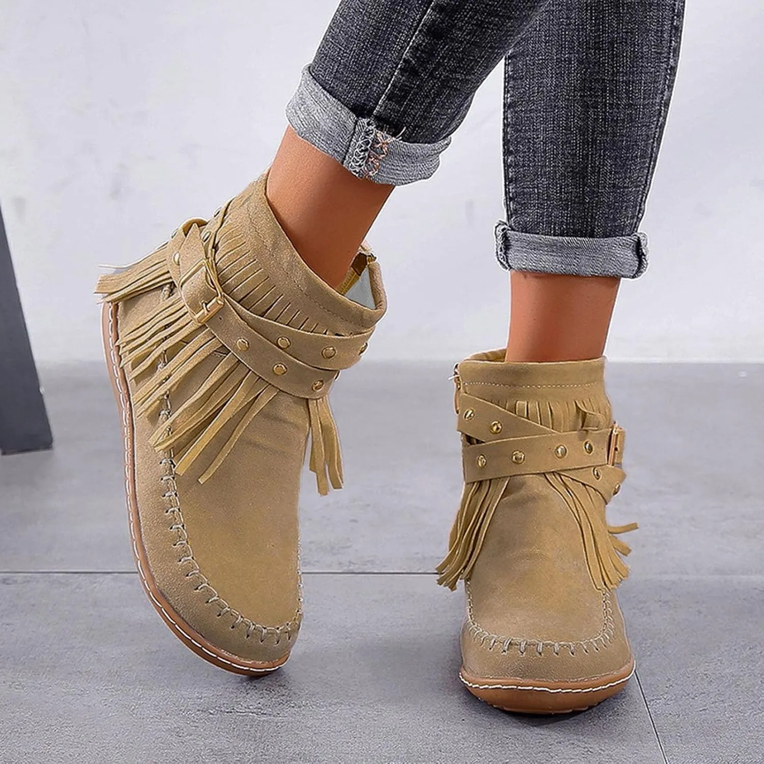 Ankle Boots for Women Classic Suede Fringe Boots with Zipper Fashion Round Toe Flats Booties Pull On Short Boots