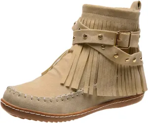 Ankle Boots for Women Classic Suede Fringe Boots with Zipper Fashion Round Toe Flats Booties Pull On Short Boots