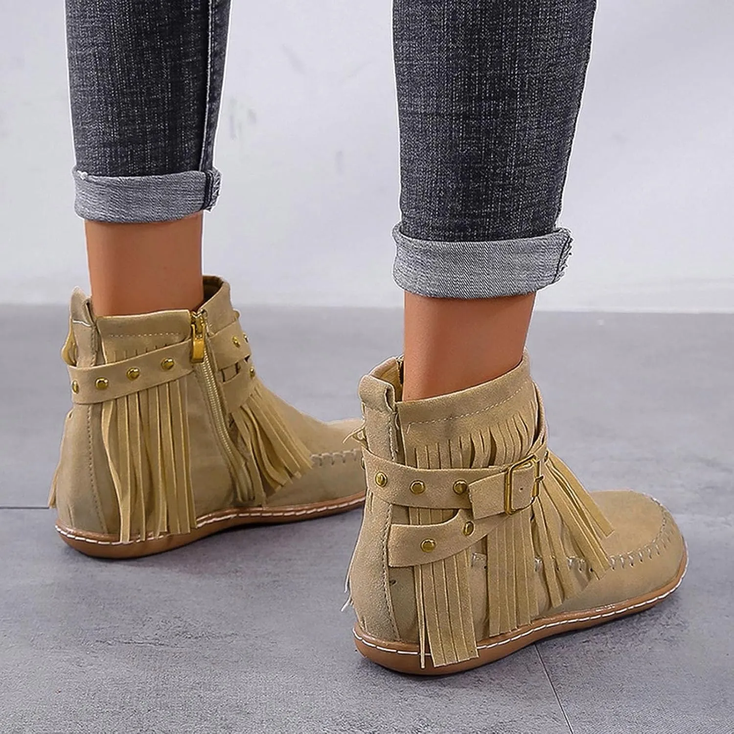 Ankle Boots for Women Classic Suede Fringe Boots with Zipper Fashion Round Toe Flats Booties Pull On Short Boots