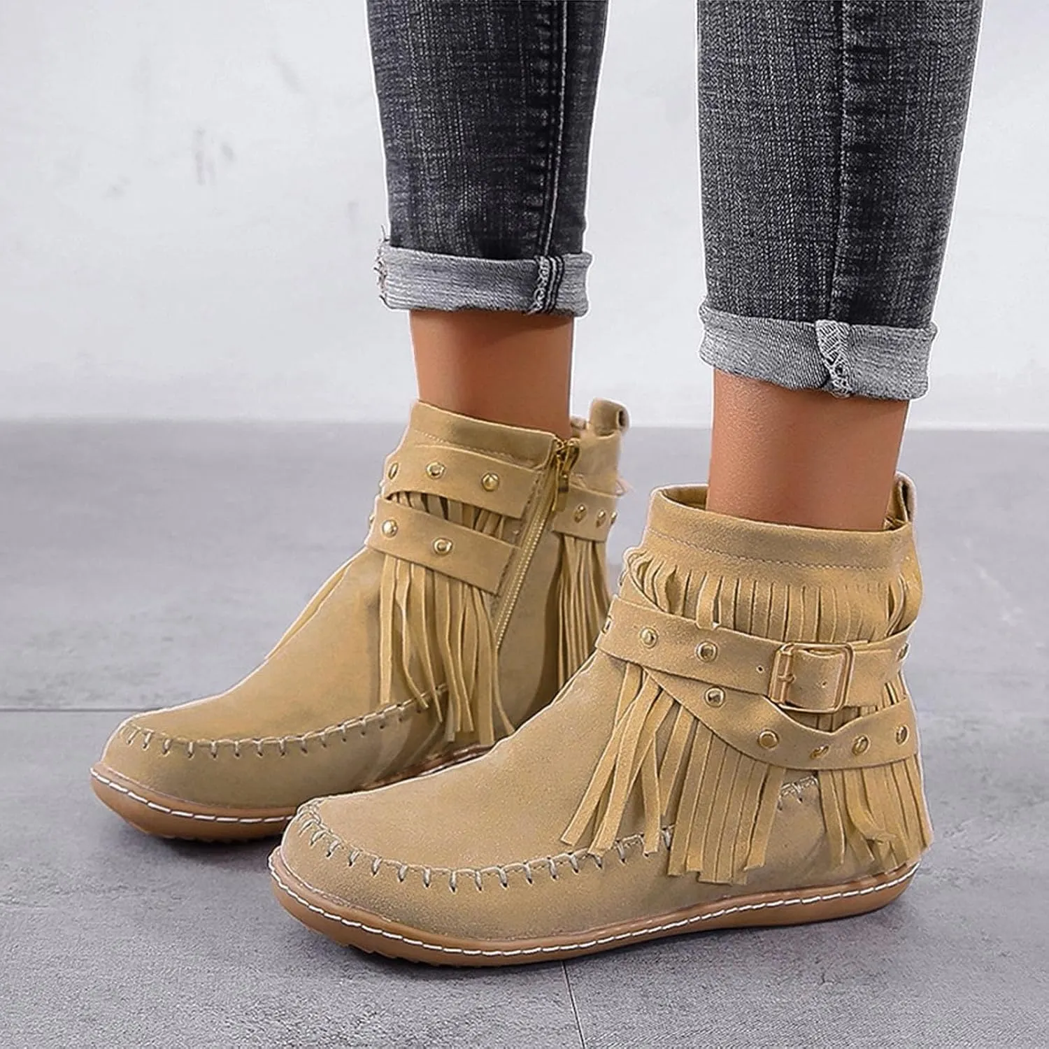 Ankle Boots for Women Classic Suede Fringe Boots with Zipper Fashion Round Toe Flats Booties Pull On Short Boots