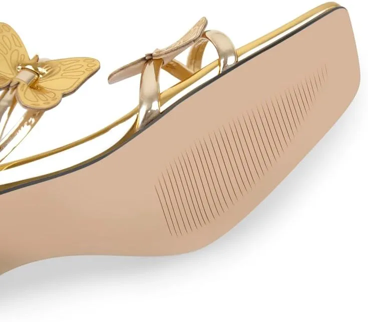 Ankle Strap Butterfly Decor Square Toe Mid Chunky Heels Sandals