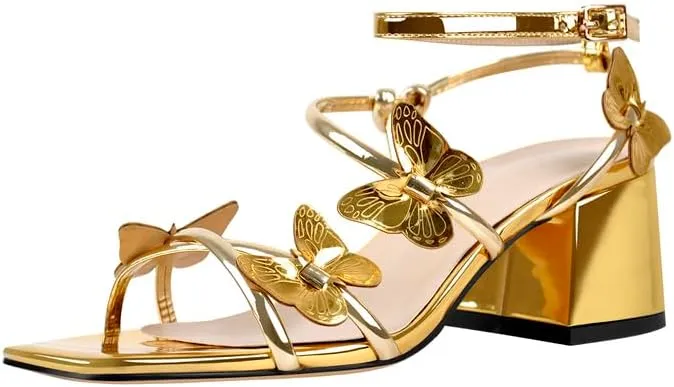 Ankle Strap Butterfly Decor Square Toe Mid Chunky Heels Sandals