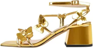 Ankle Strap Butterfly Decor Square Toe Mid Chunky Heels Sandals