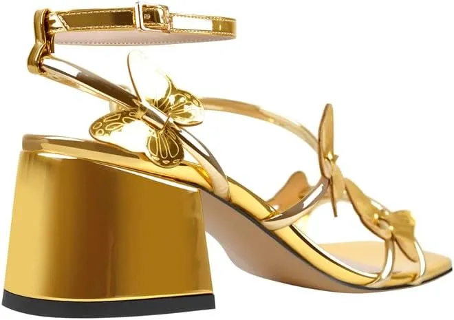 Ankle Strap Butterfly Decor Square Toe Mid Chunky Heels Sandals