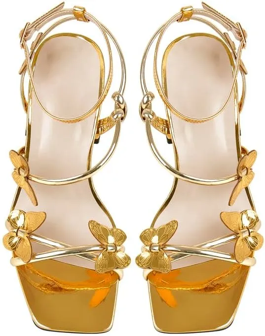 Ankle Strap Butterfly Decor Square Toe Mid Chunky Heels Sandals