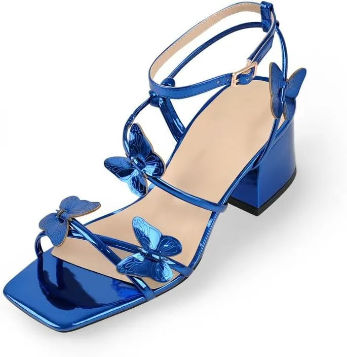 Ankle Strap Butterfly Decor Square Toe Mid Chunky Heels Sandals