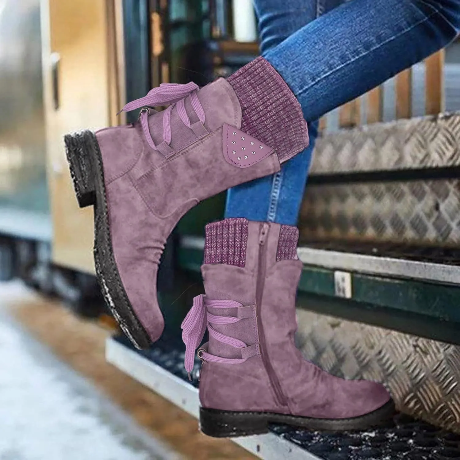 Anupeg Women's Mid Calf Boots,Knit Leather Splicing Boots for Women Low Heel Womens Side Zip Wide Calf Boots Fall Winter Western Cowboy Boots for Women Mid Calf Retro Cowgirl Booties Shoes