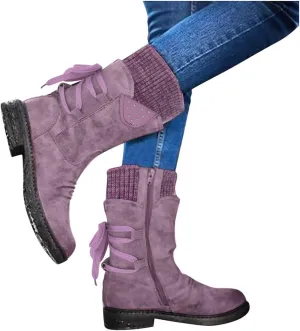 Anupeg Women's Mid Calf Boots,Knit Leather Splicing Boots for Women Low Heel Womens Side Zip Wide Calf Boots Fall Winter Western Cowboy Boots for Women Mid Calf Retro Cowgirl Booties Shoes