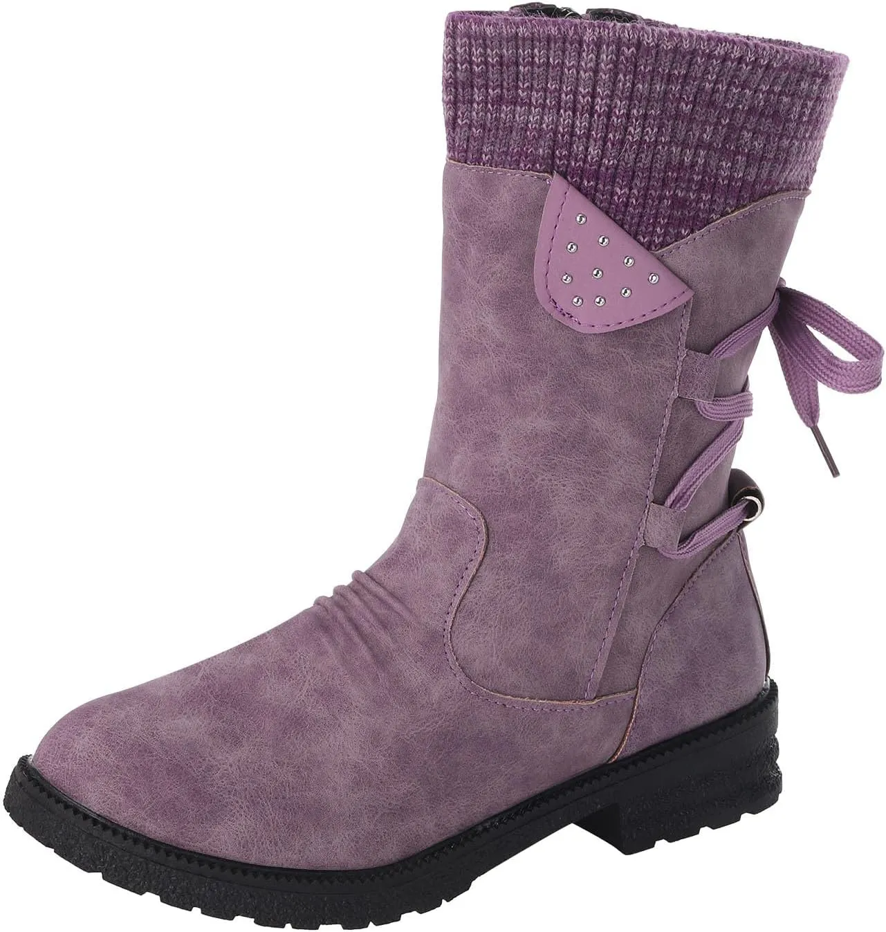 Anupeg Women's Mid Calf Boots,Knit Leather Splicing Boots for Women Low Heel Womens Side Zip Wide Calf Boots Fall Winter Western Cowboy Boots for Women Mid Calf Retro Cowgirl Booties Shoes