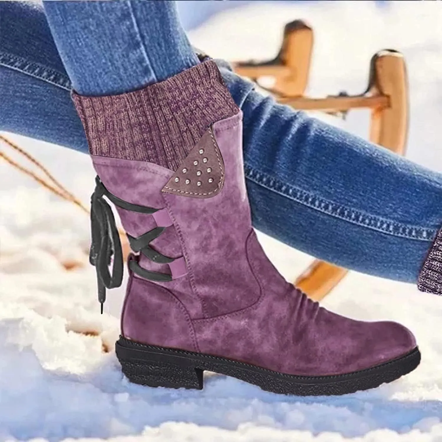 Anupeg Women's Mid Calf Boots,Knit Leather Splicing Boots for Women Low Heel Womens Side Zip Wide Calf Boots Fall Winter Western Cowboy Boots for Women Mid Calf Retro Cowgirl Booties Shoes