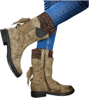 Anupeg Women's Mid Calf Boots,Knit Leather Splicing Boots for Women Low Heel Womens Side Zip Wide Calf Boots Fall Winter Western Cowboy Boots for Women Mid Calf Retro Cowgirl Booties Shoes