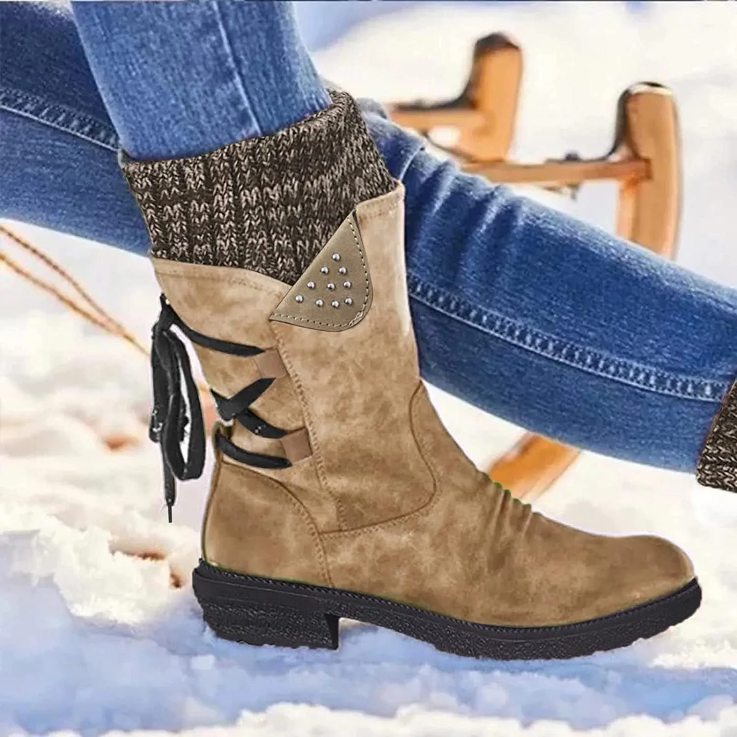 Anupeg Women's Mid Calf Boots,Knit Leather Splicing Boots for Women Low Heel Womens Side Zip Wide Calf Boots Fall Winter Western Cowboy Boots for Women Mid Calf Retro Cowgirl Booties Shoes