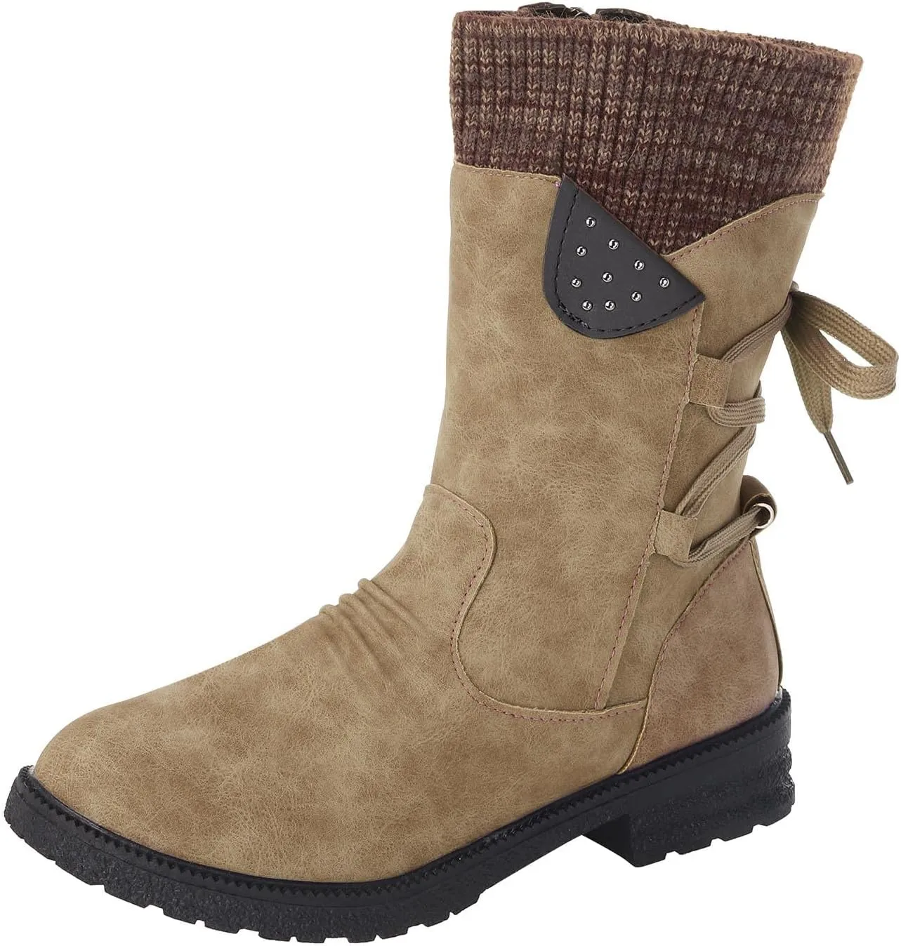 Anupeg Women's Mid Calf Boots,Knit Leather Splicing Boots for Women Low Heel Womens Side Zip Wide Calf Boots Fall Winter Western Cowboy Boots for Women Mid Calf Retro Cowgirl Booties Shoes