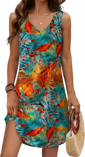 Aokosor Womens Summer Dresses 2025 Loose V Neck Sleeveless Dress Sundresses Swimsuit Coverup