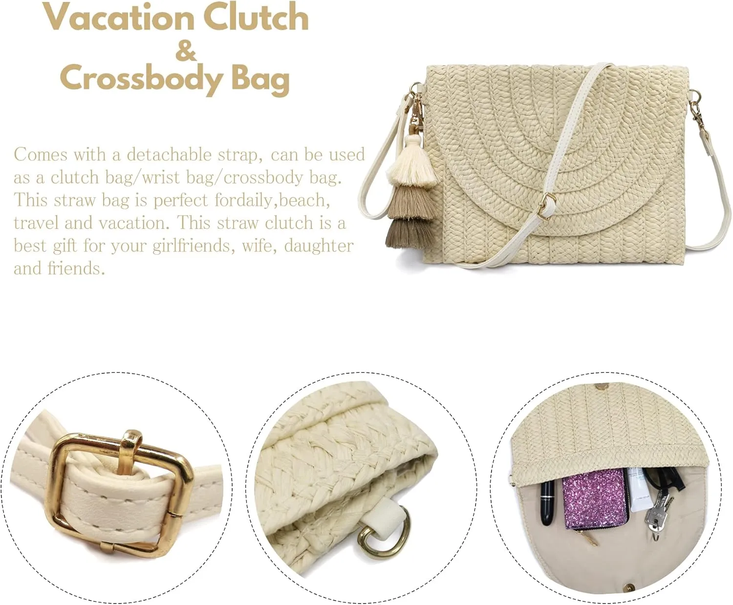 Aovtero Straw Clutch Purse Women Crossbody Bag Summer Beach Shoulder Bags Envelope Wallet Handbags