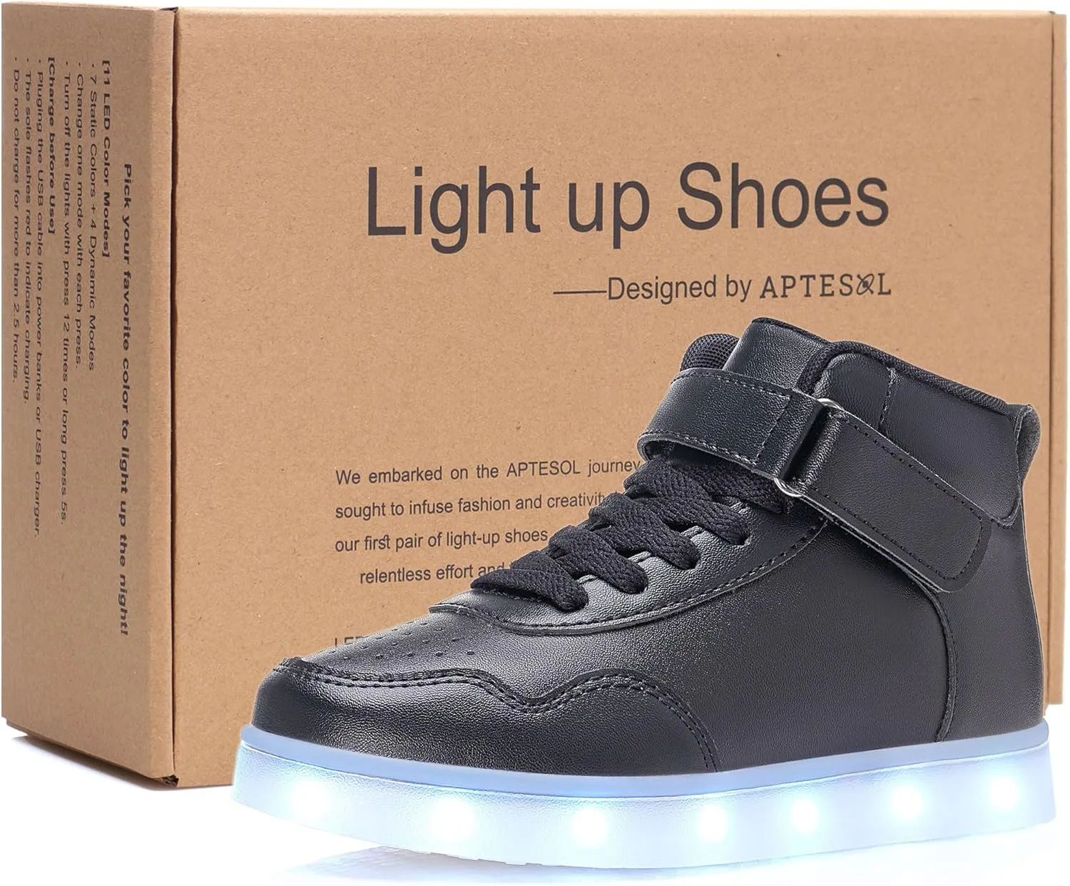 APTESOL Kids LED Light Up Shoes with Adjustable Hook & Loop - Rechargeable High Top Flashing Sparkly Luminous Glowing Sneakers, Cool Adorable Light-Up Tenis for Boys Girls
