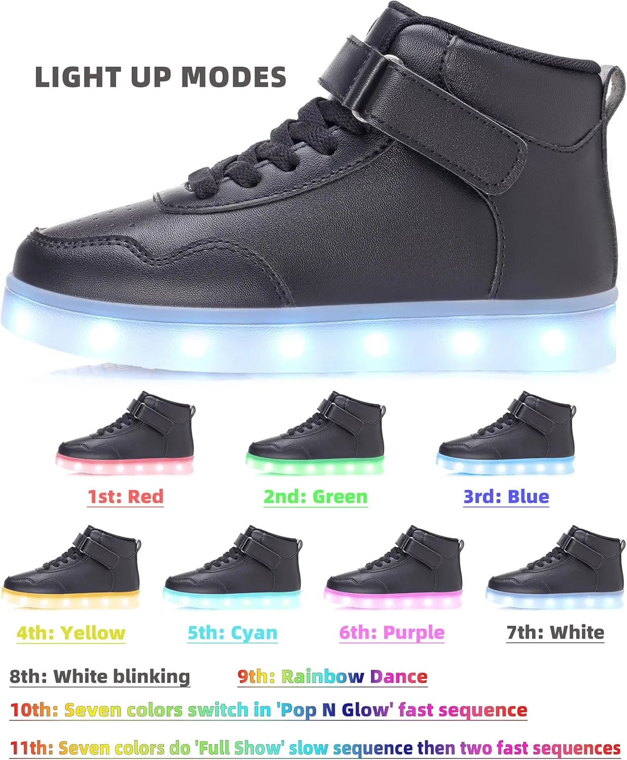 APTESOL Kids LED Light Up Shoes with Adjustable Hook & Loop - Rechargeable High Top Flashing Sparkly Luminous Glowing Sneakers, Cool Adorable Light-Up Tenis for Boys Girls
