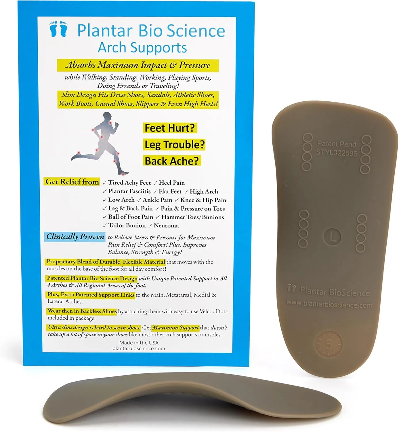 Arch Support | Plantar Fasciitis Relief Shoe Inserts | Heel Pain Relief | Ball of Foot Pain Relief | Slim Design Fits All Shoes (US Shoe Size Men 7-7 1/2 Women 7 1/2 / Size #4)
