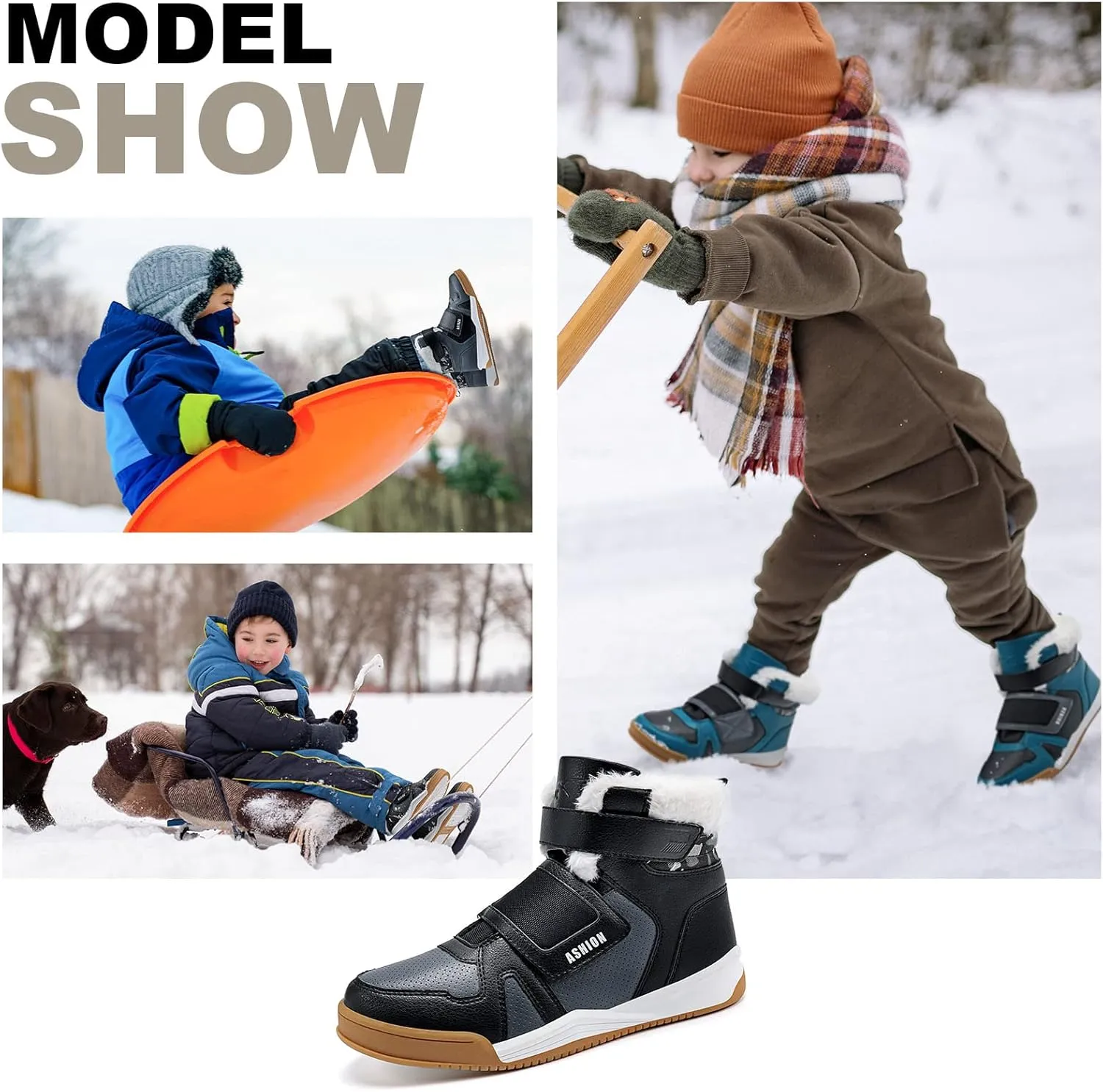 ASHION Kids Snow Boots for Boys Girls Winter High Top Non-Slip Boots Cold Weather Faux Fur Lined Warm Boots