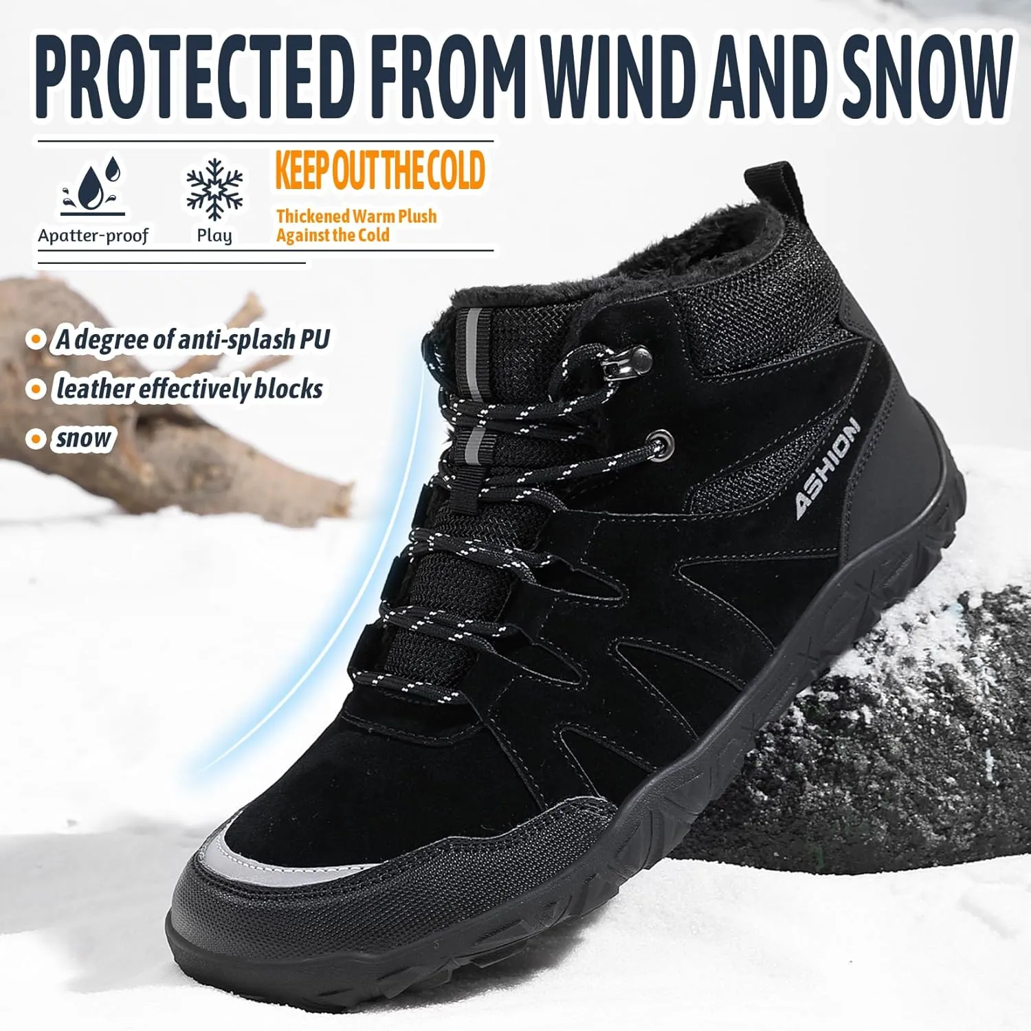ASHION Mens Snow Boots Barefoot Winter Shoes Hiking Footwear Fur Lined Warm Ankle Boots Zero Drop Sole Comfortable Outdoor Walking Shoes Booties