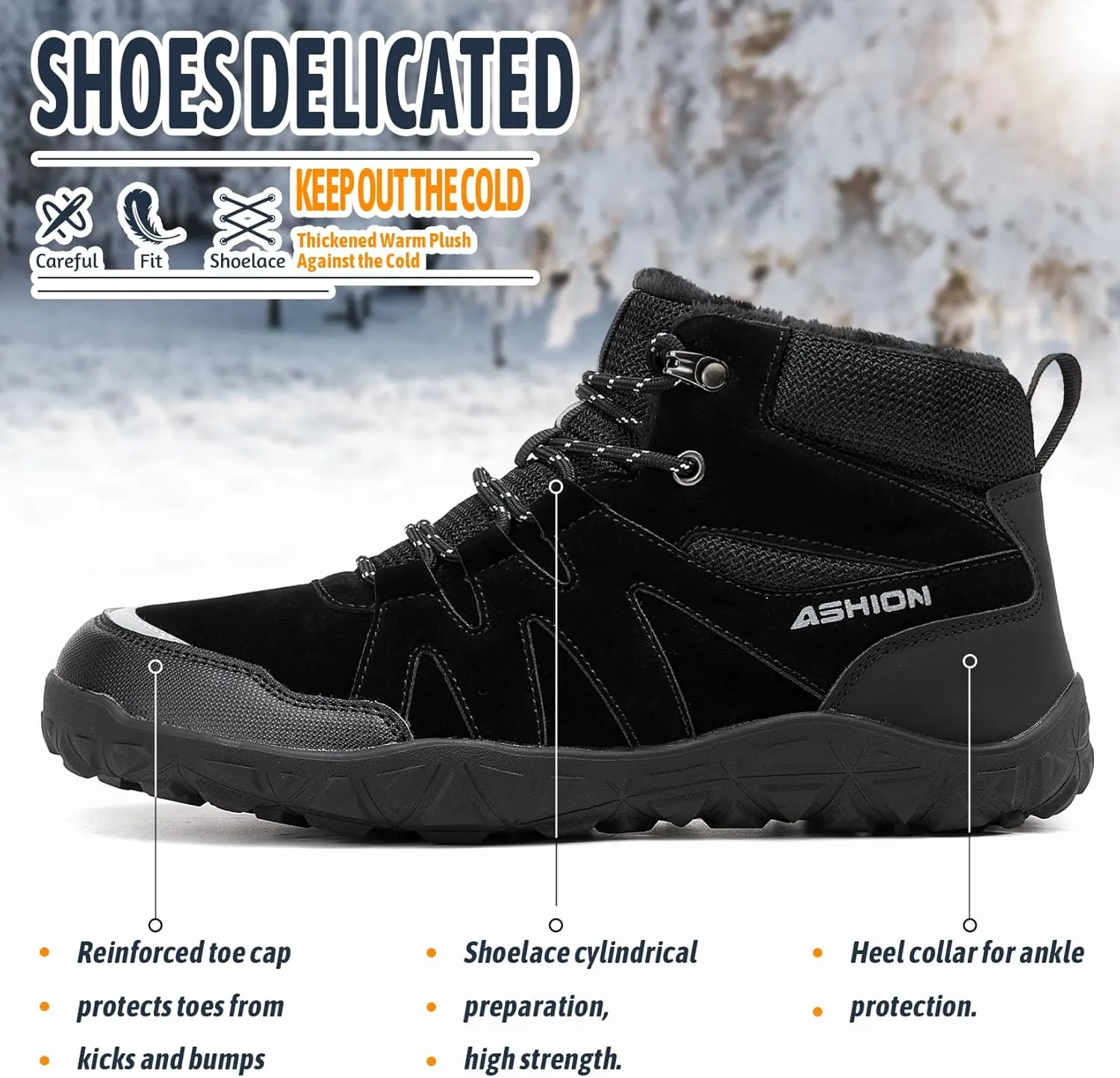 ASHION Mens Snow Boots Barefoot Winter Shoes Hiking Footwear Fur Lined Warm Ankle Boots Zero Drop Sole Comfortable Outdoor Walking Shoes Booties