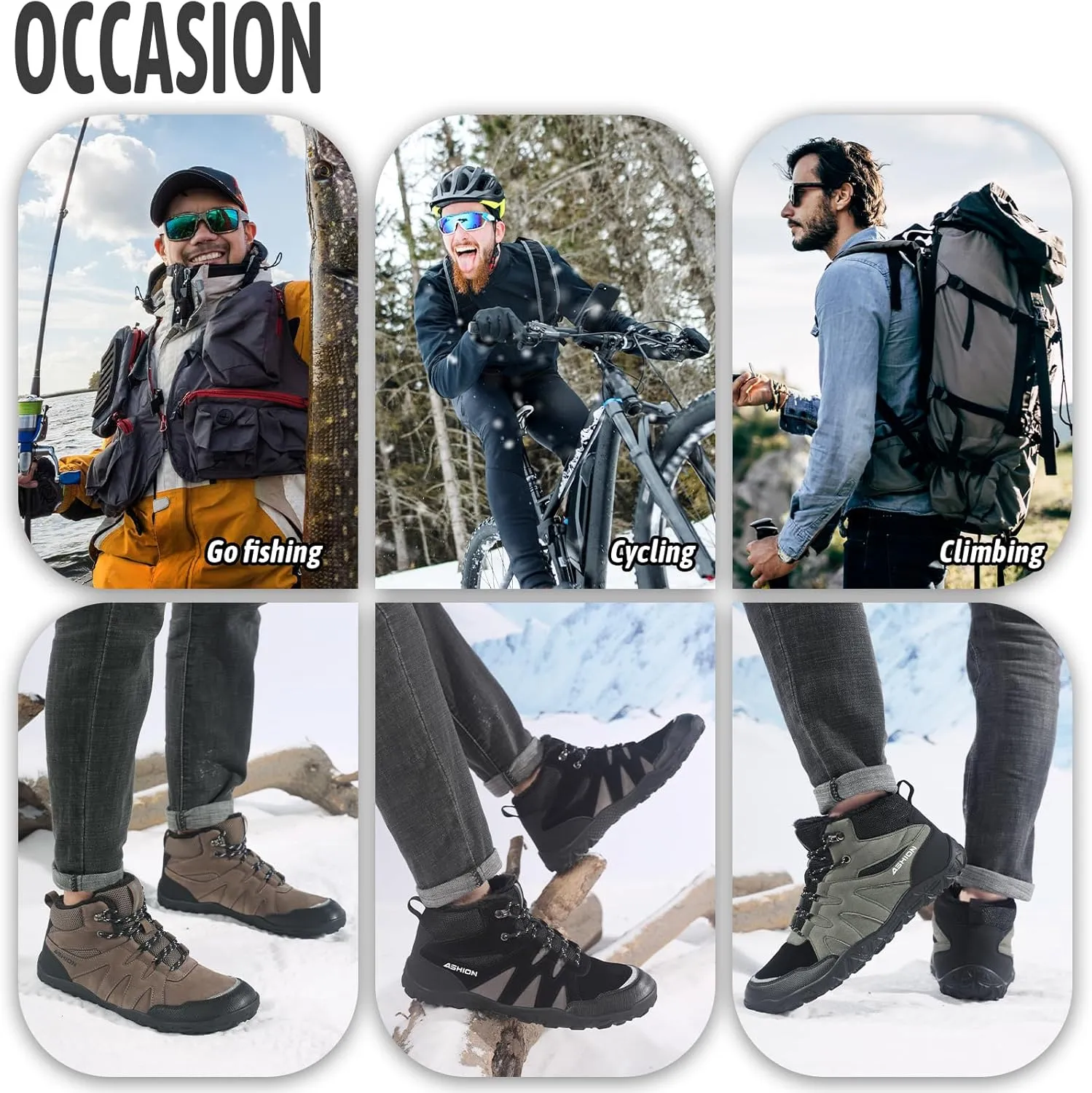 ASHION Mens Snow Boots Barefoot Winter Shoes Hiking Footwear Fur Lined Warm Ankle Boots Zero Drop Sole Comfortable Outdoor Walking Shoes Booties