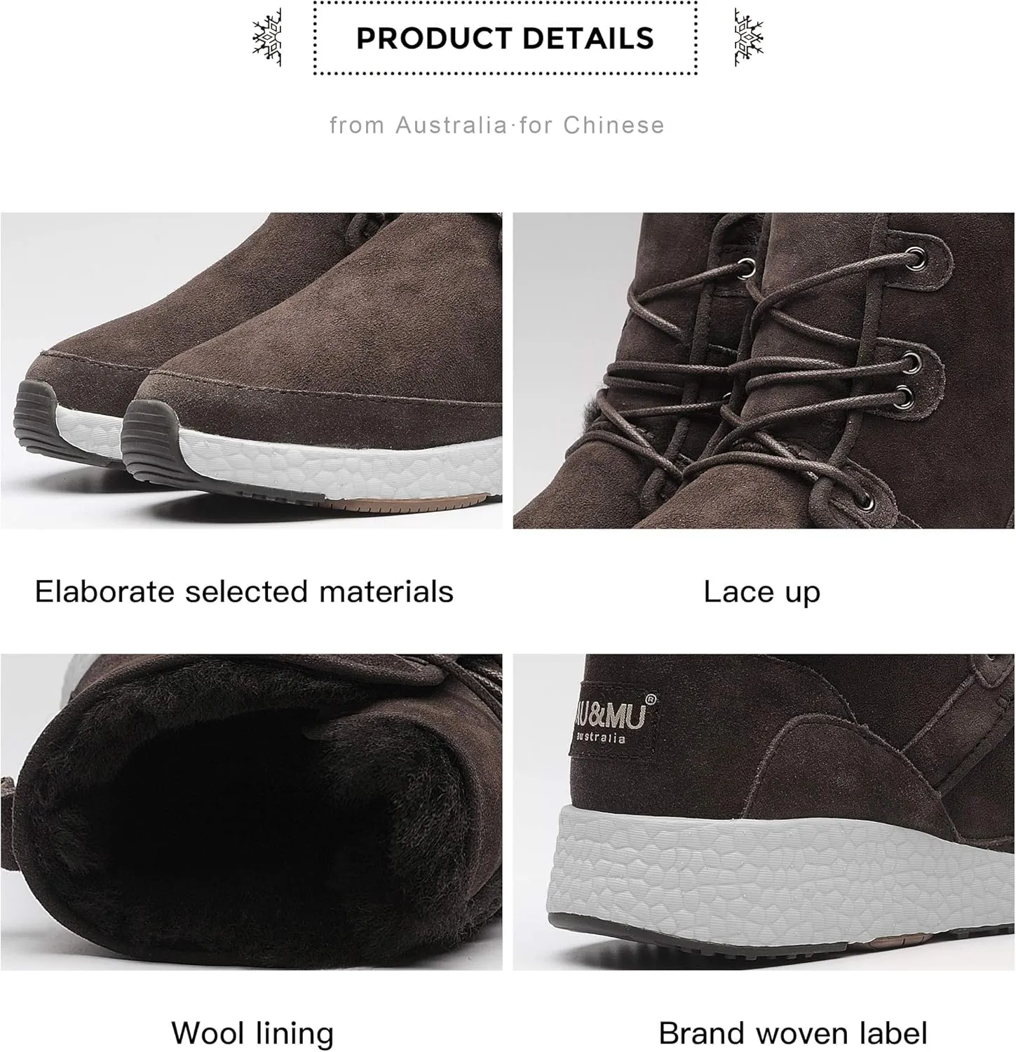AU&MU Aumu Sheepskin Taurus Metal Buckle Brass Eyelets Suede Upper Laces Winter Snow Boots ……