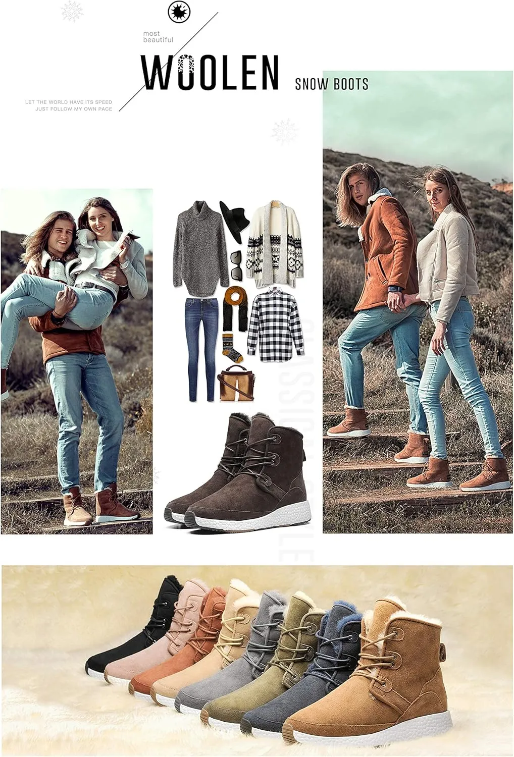 AU&MU Aumu Sheepskin Taurus Metal Buckle Brass Eyelets Suede Upper Laces Winter Snow Boots ……