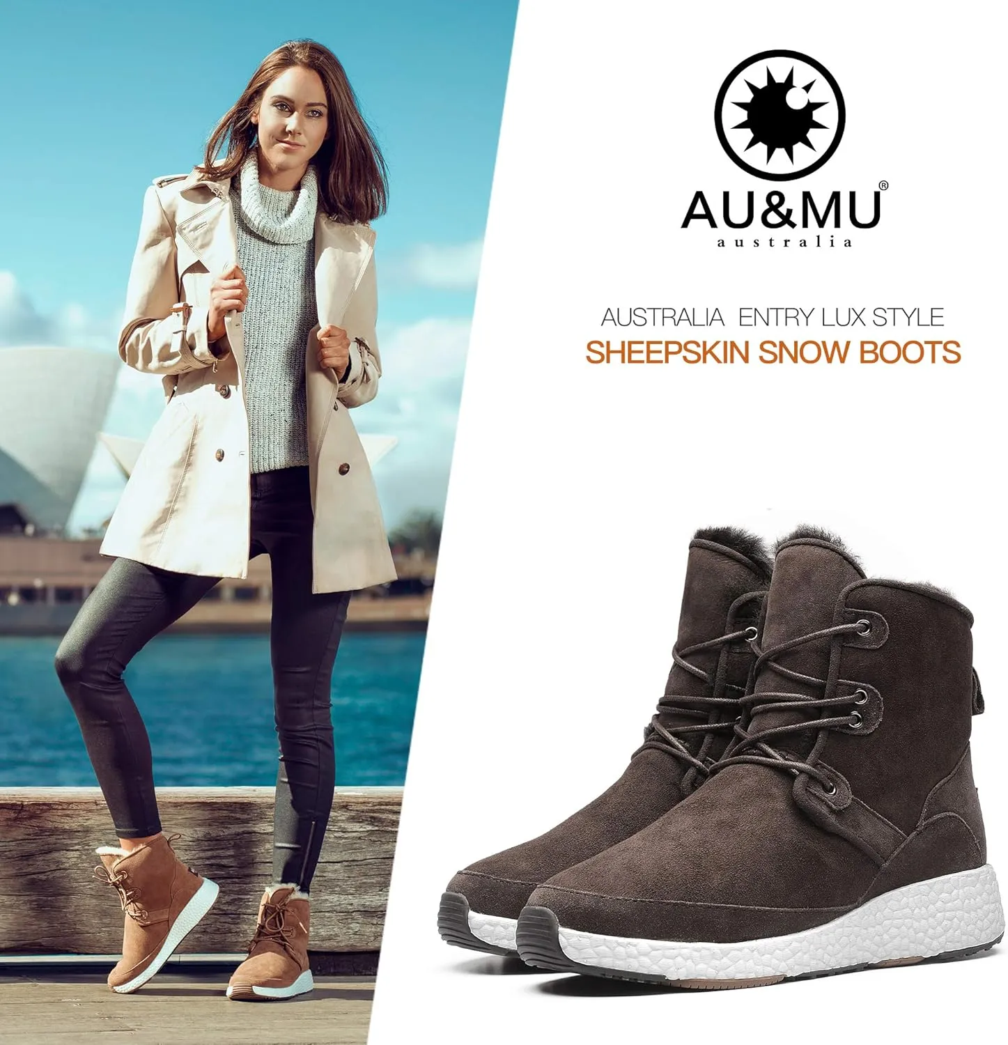 AU&MU Aumu Sheepskin Taurus Metal Buckle Brass Eyelets Suede Upper Laces Winter Snow Boots ……