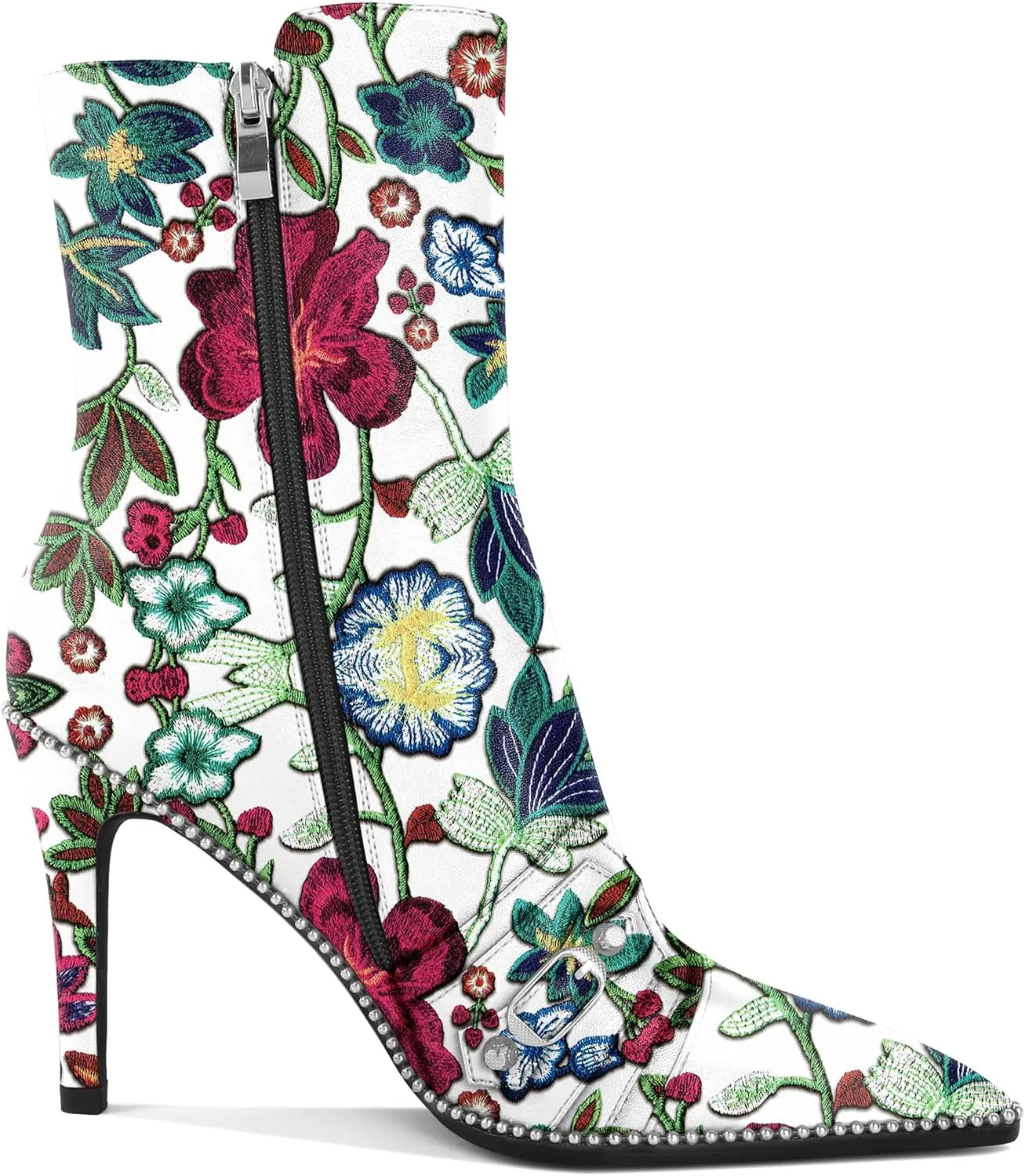 AUMOTED Pointed Toe Side Zipper Stiletto High Heel Buckle Ankle Boots for Women Sexy Mid Calf Booties 3.7 Inches Beaded Boots