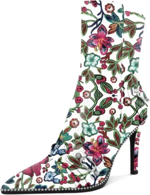 AUMOTED Pointed Toe Side Zipper Stiletto High Heel Buckle Ankle Boots for Women Sexy Mid Calf Booties 3.7 Inches Beaded Boots