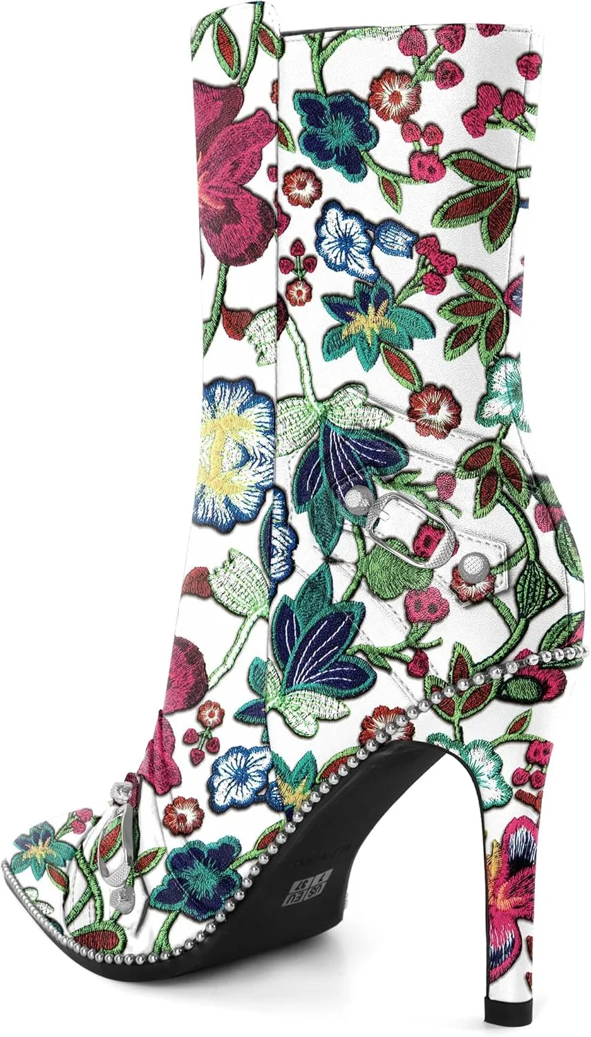 AUMOTED Pointed Toe Side Zipper Stiletto High Heel Buckle Ankle Boots for Women Sexy Mid Calf Booties 3.7 Inches Beaded Boots