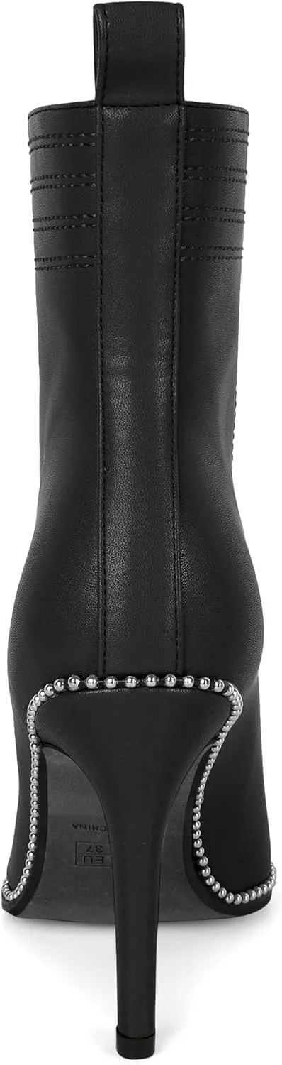 AUMOTED Women Fashion Pointed Toe Heel Boots Sexy Zip Ankle Stilettos Booties with Beaded Boots Party Dress Embroidery High Heels 3.7 Inch